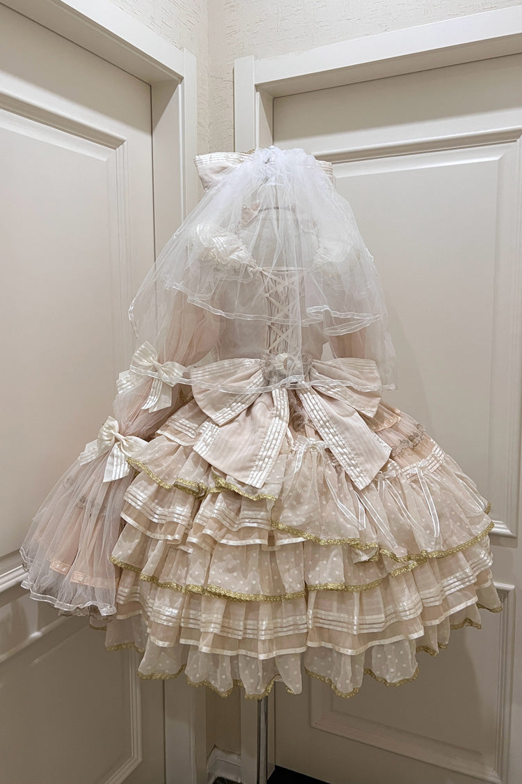 Gorgeous Apricot Trumpet Sleeve Layered Ruffle Bow Lace Lolita Dress Set