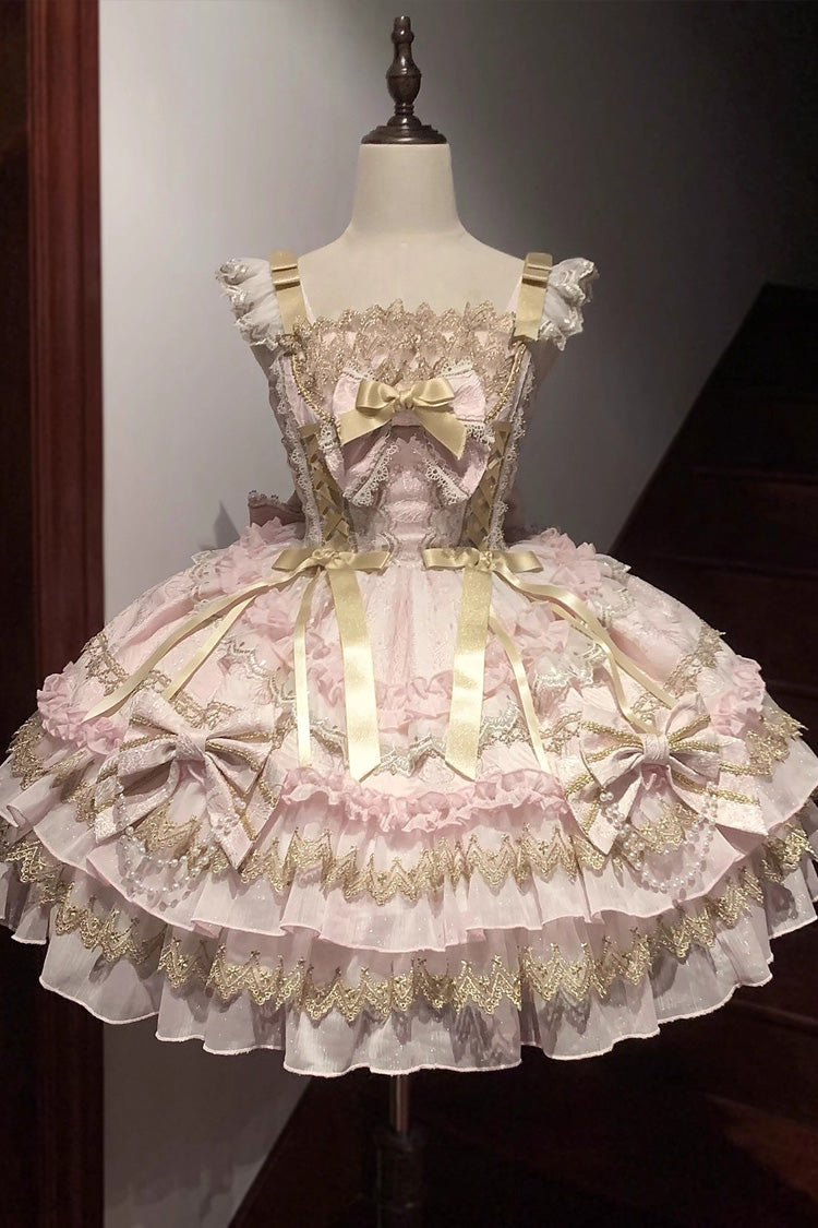 Ivory Sleeveless Double Ruffle Hot Stamping Bow Lace JSK
