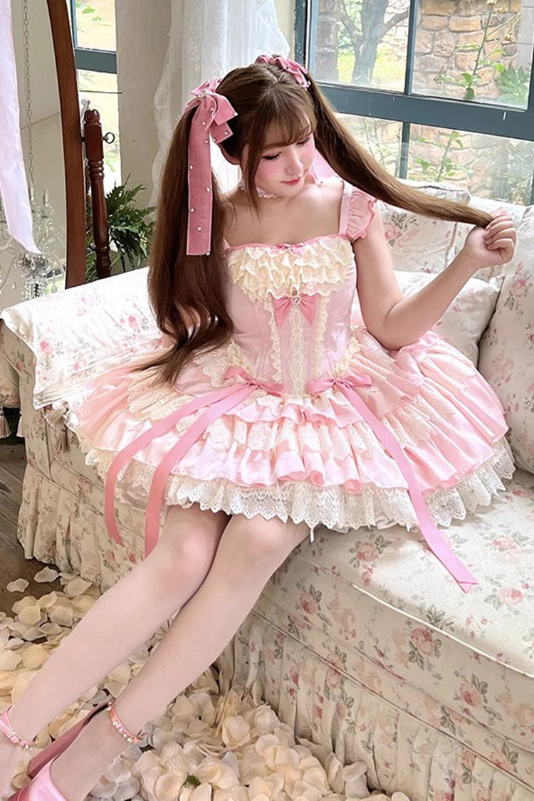 Pink Multi-Layered Ruffled Bow Lace Sweet Ballet Lolita Dress