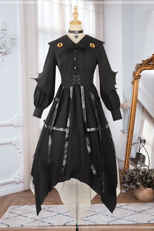 Ebony Gothic OP Dress - Lapel Collar Cat Eye Hem