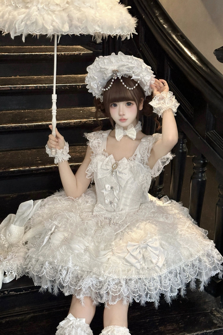 Ivory Gothic JSK with Pearl Bowknots and Layered Ruffles - Cloudborne Snowfeather