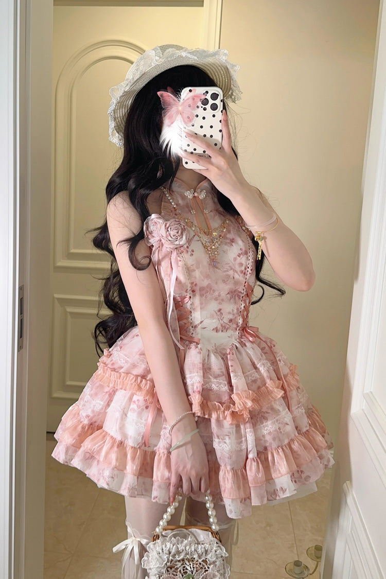 Rose Moon Bamboo Halter Multi-Tier Printed Frill Sweet Chinese Lolita Gown in Two Tones