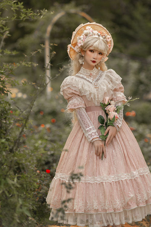 Rose Print Lolita OP Dress with Multi-Layer Ruffles, Sweet Style