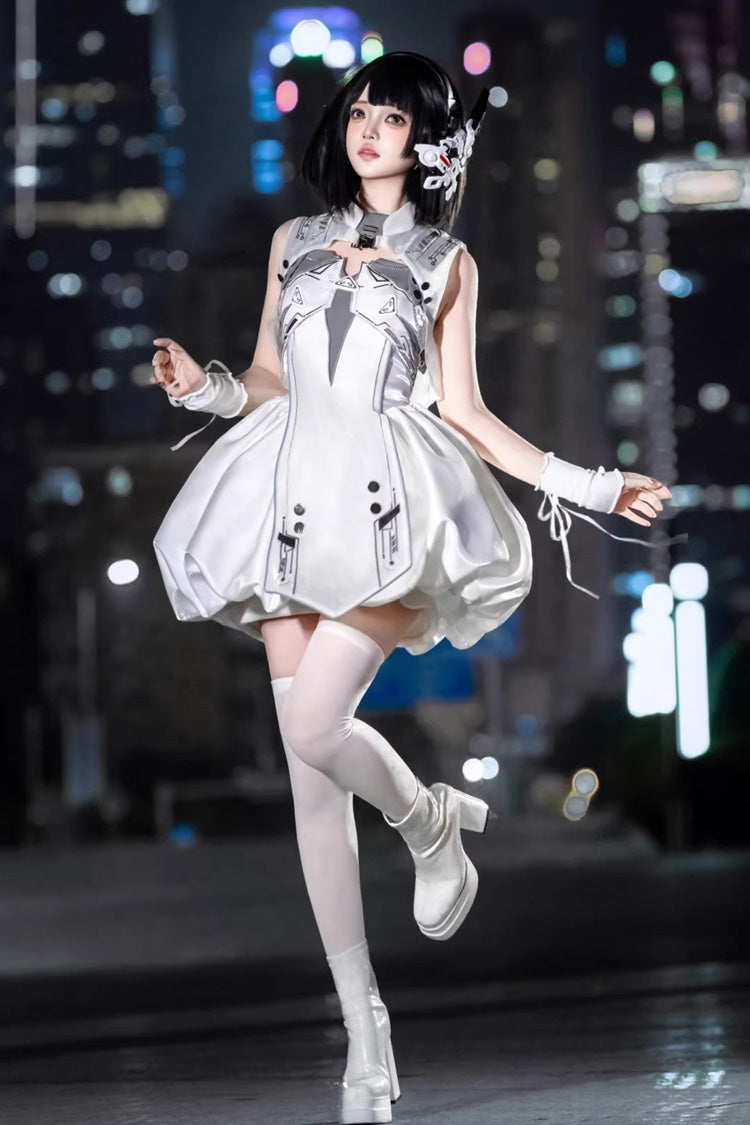 Ivory Printed Sci-Fi Techwear Punk JSK Dress Set - Tech Light Realm