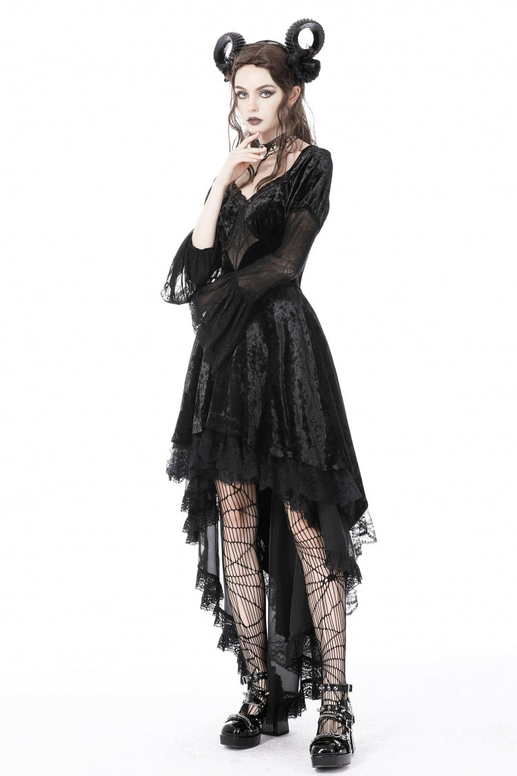 Onyx Velvet Gown with Puffed Sleeves and Asymmetric Lace Trim