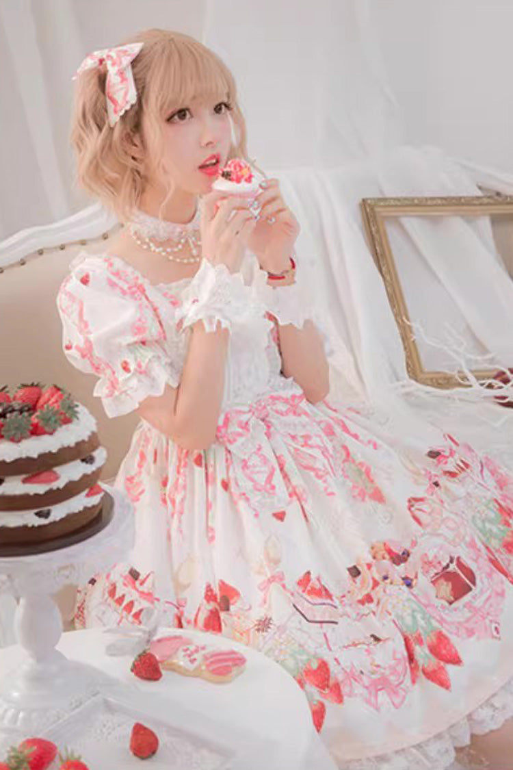 Short-Sleeve Ruffled Bow Sweet Dress with Print - Strawberry Feast