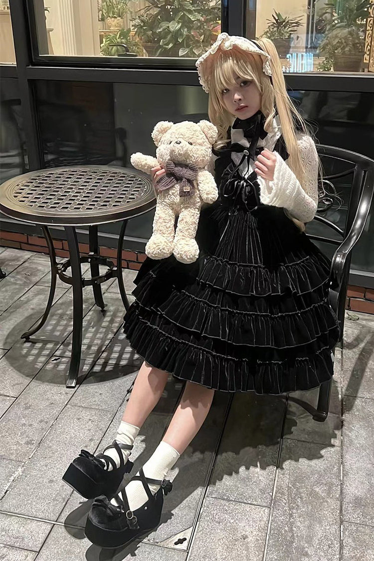 Multi-Tier Lace-Up Gothic JSK with Ruffles - Sponge Cake