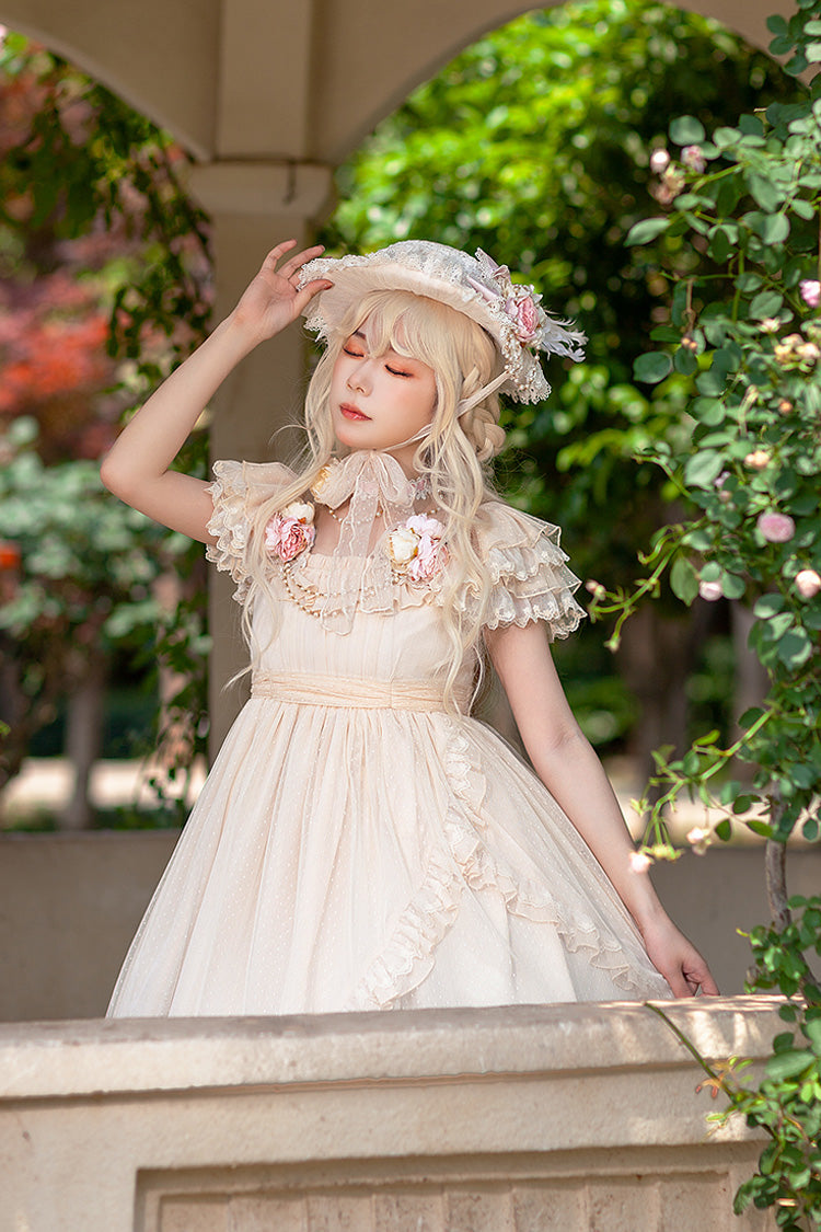 Apricot Elegant Lolita Dress with Polka Dot Print Ruffles Bowknot and Asymmetric Sweet Style