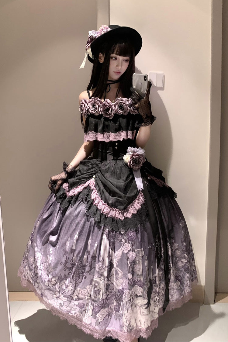 Angel Garden Black Purple Sleeveless Print Ruffle Bowknot Lace Sweet Gothic Skirt Set