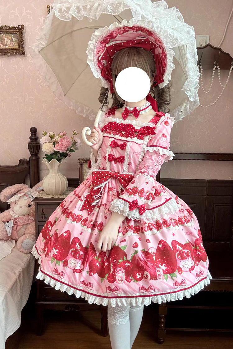Strawberry Gift Box Pink Short Sleeves Print Ruffle Bowknot Lace Sweet Dress