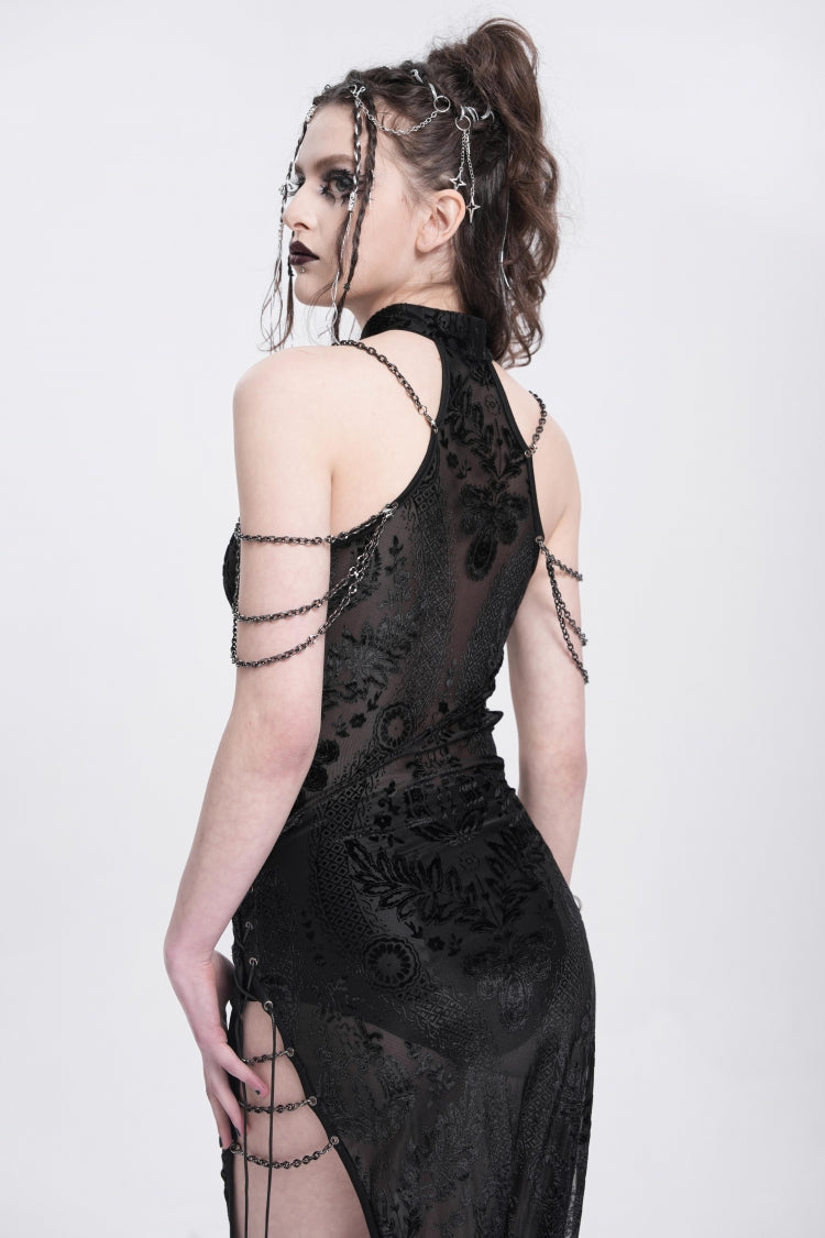 Stylish Black Cheongsam Collar Side Slit Embroidered Sleeveless Halter Gothic Dress