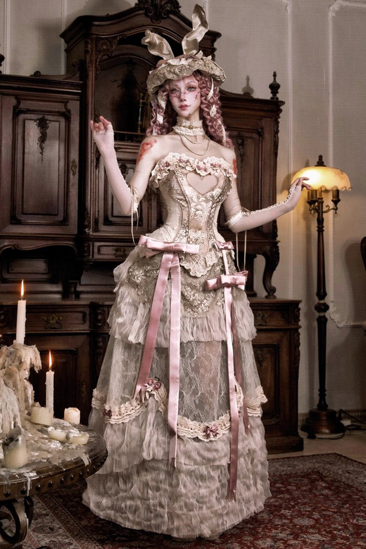 Light Brown Embroidered Classic Long Skirt with Bow - Cupid’s Poetry Box