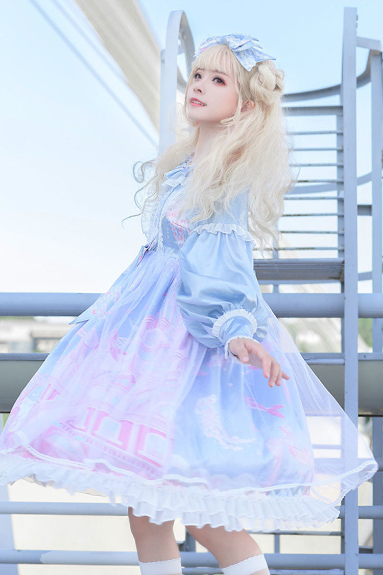 Sky Blue Dreamy Deep Sea Bowknot Long Sleeve Sweet Lolita OP Dress