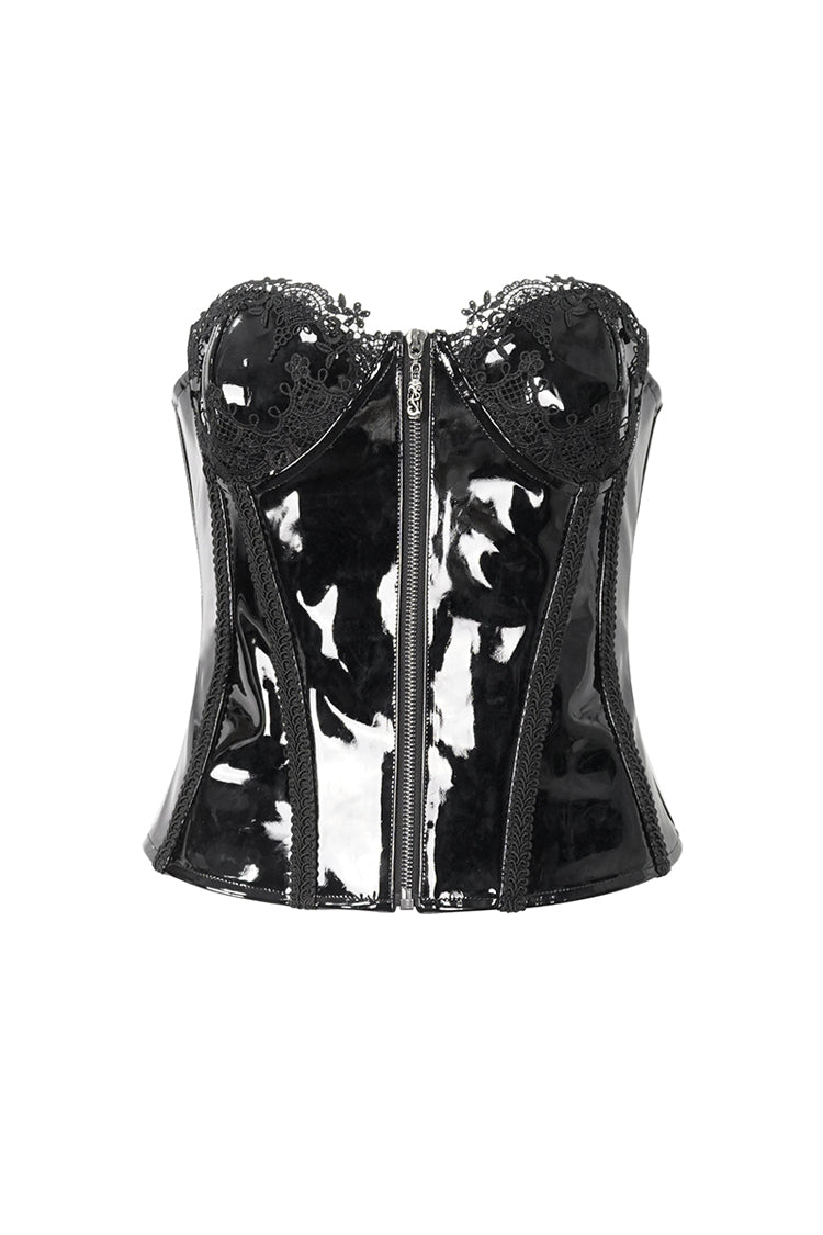 Splice Patent Leather Punk Overbust Corset for Women Lace