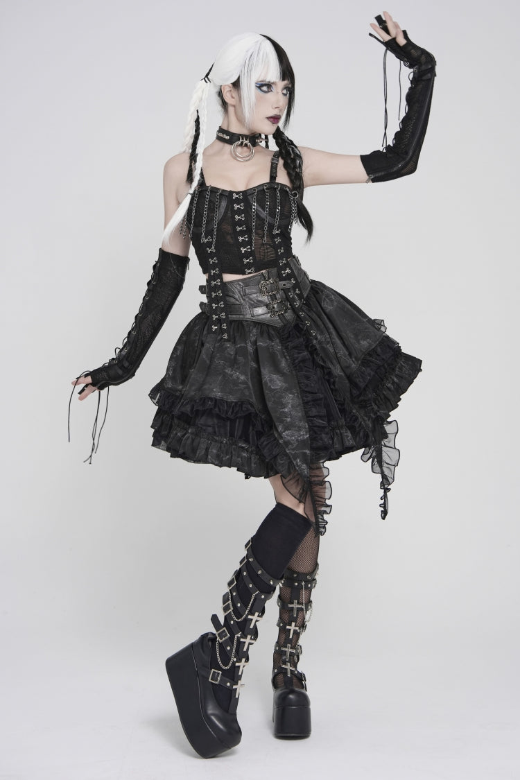 Gothic Skirt with Buckles, Pleats, and Eyelets, Black