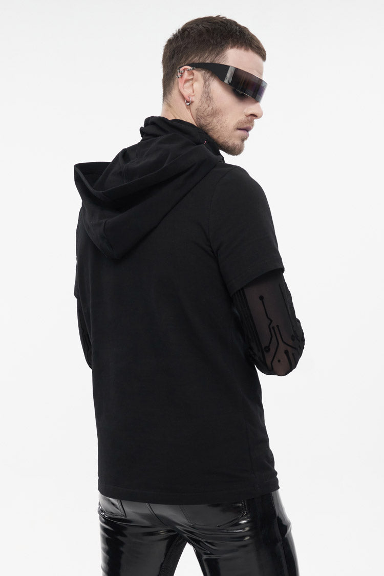 Mesh Paneled Hooded T-Shirt with Circuit Print for Men