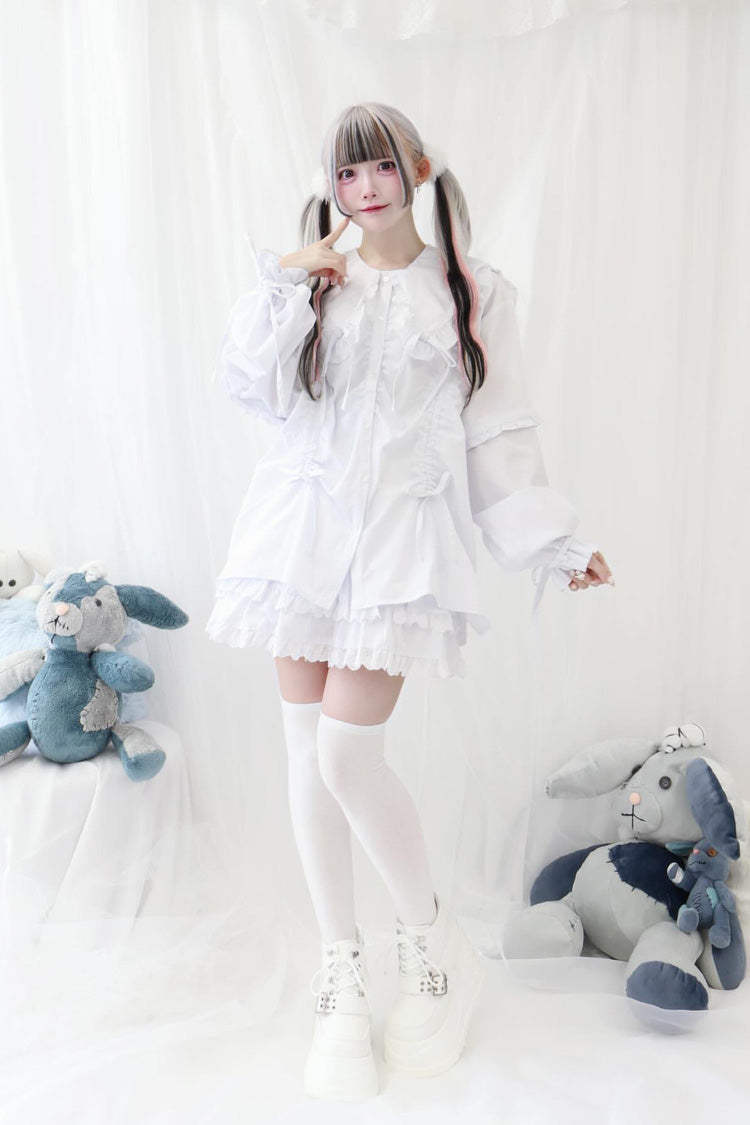 Japanese Blouse with Doll Collar, Long Sleeves, Ruffles, and Bow, 3 Colors