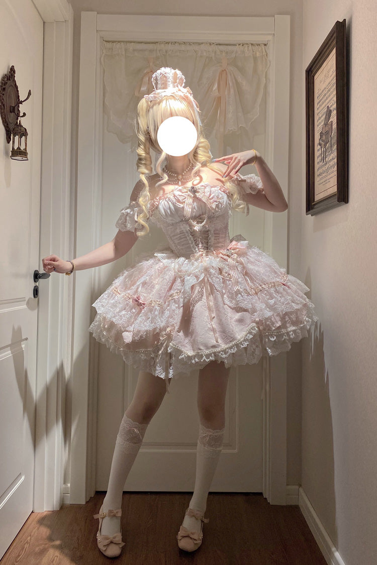 Anna's Ball Square Collar Ruffled Hanayome Bow Lace Ballet JSK - Pink