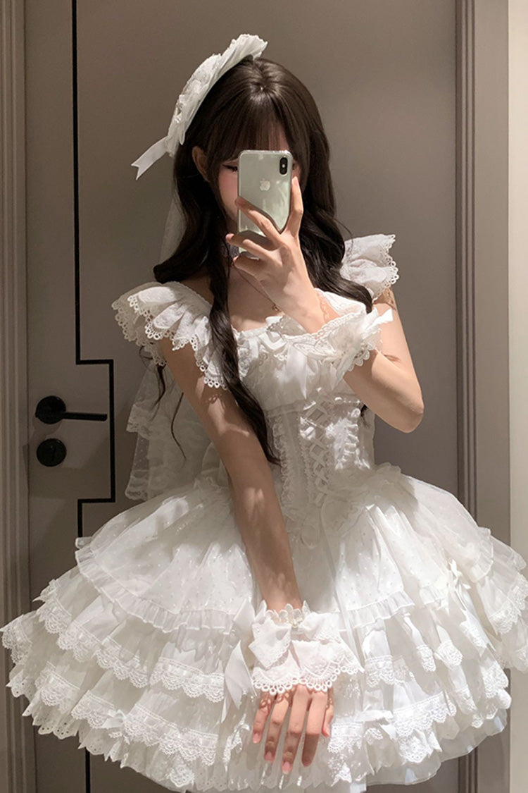 Ivory Double Ruffle Bow Lace Lace-Up Sweet Ballet JSK