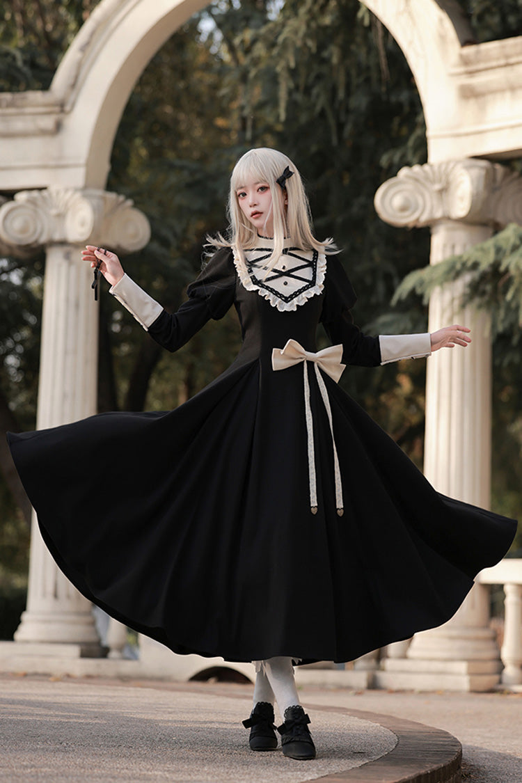 Elegant Lolita Dress with Stand Collar, Ruffles, and Bowknot