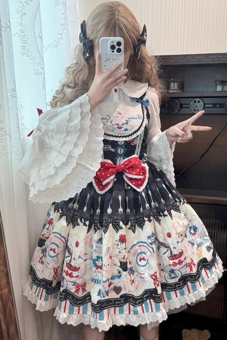 Sleeveless Print Ruffle Bowknot Lace Sweet Lolita Jsk Dress Black