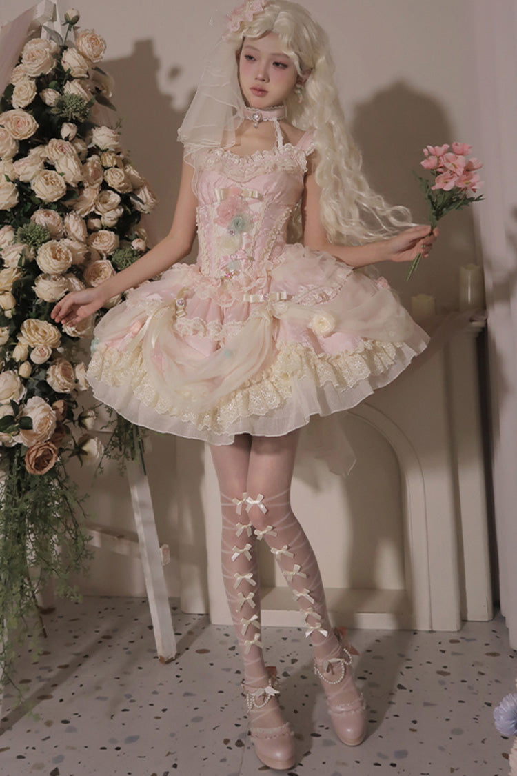 Dream Garden Ruffle Hanayome Embroidery Bow Lace Fishbone Princess Gorgeous JSK Dress in Pink
