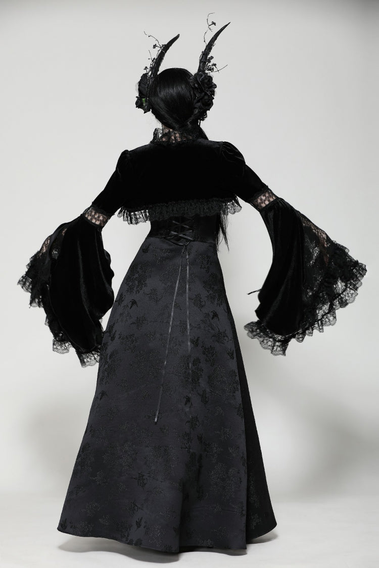 Jet-Black Gothic Cape with Flared Sleeves and Ruffled Lace Trim