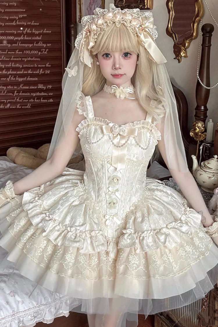 Cream Fleeting Light Shallow Dream Sleeveless Multi-Layer Frilled Bow Lace Slim Ballet Sweet Lolita JSK Dress