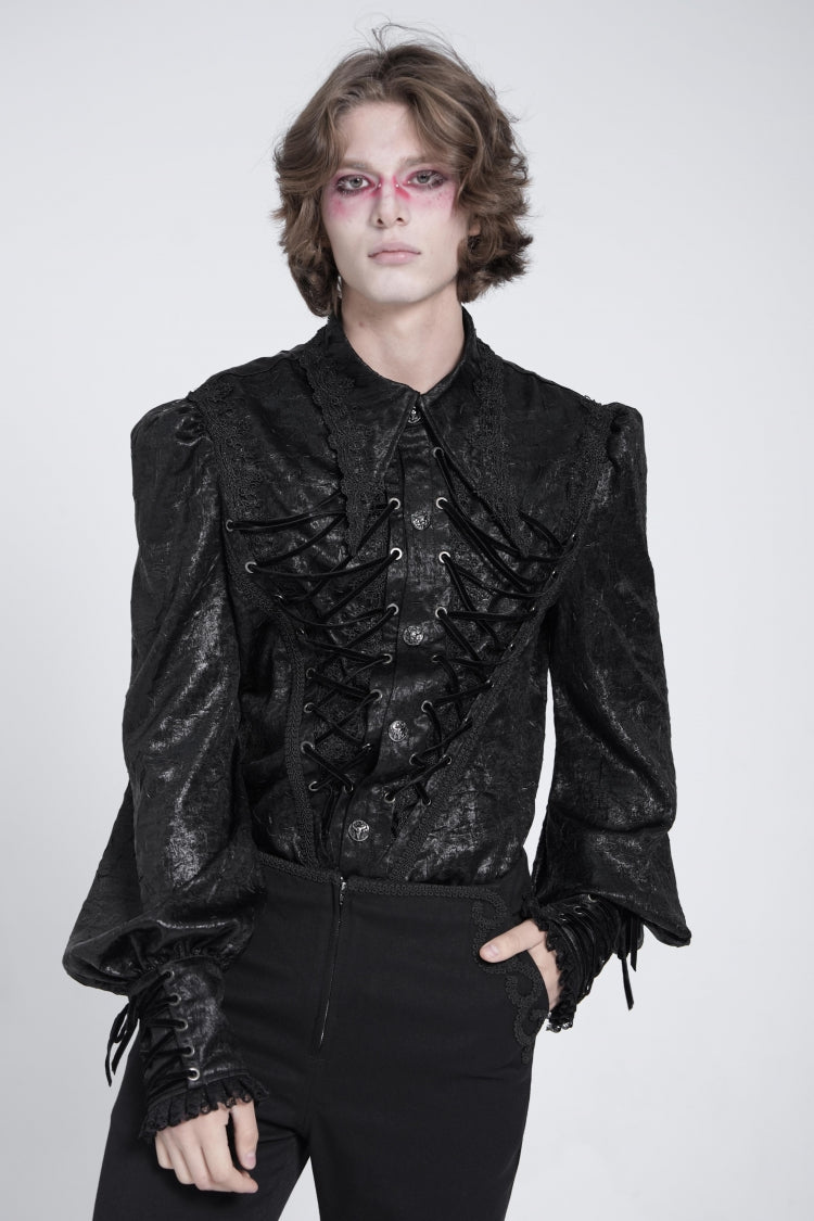 Jet-Black Gothic Blouse with Puffed Sleeves and Jacquard Lace for Men