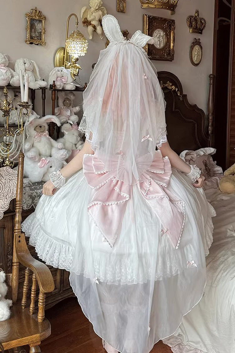 Ivory and Pink Snow of Love Ruffled Hanayome Open-Front Bow Lace Sweet Princess Lolita Dress