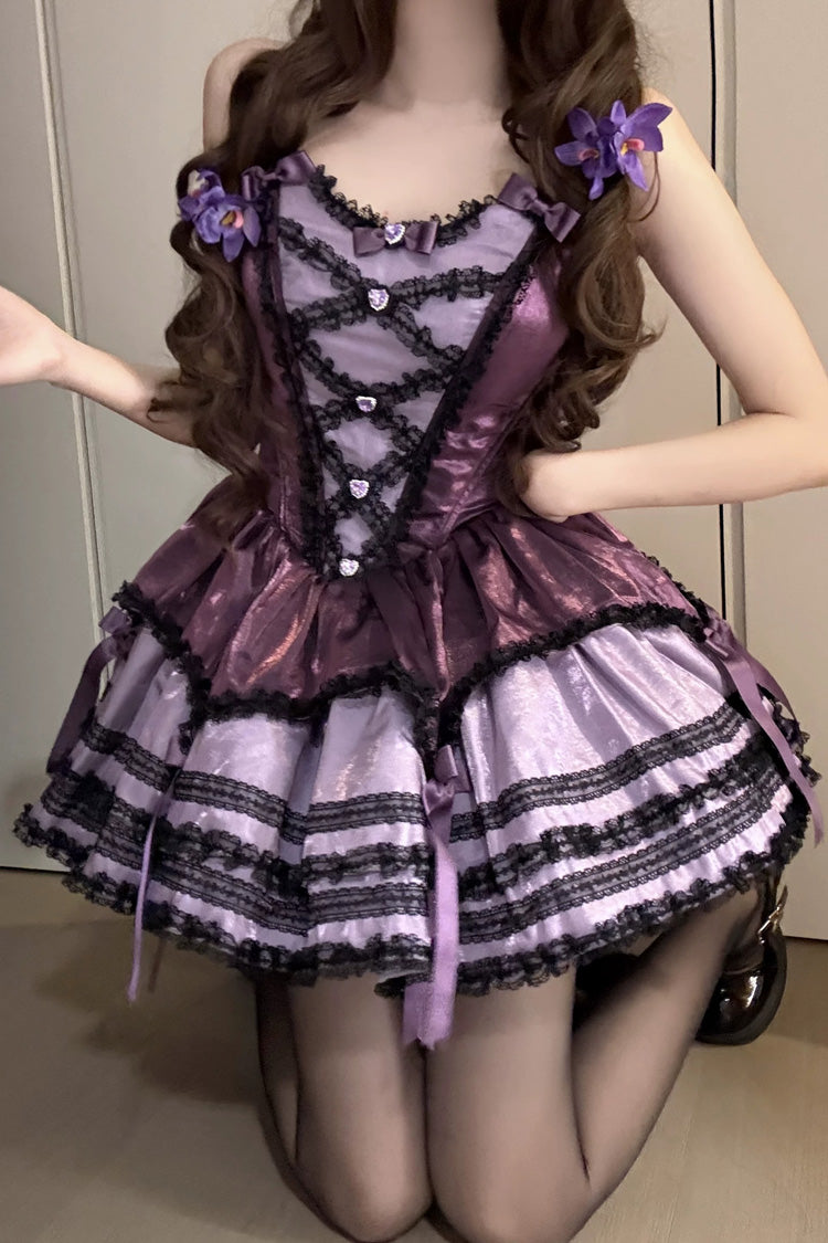 Violet Jasmine Rain Square Collar Sleeveless Polka Printed Ruffled Bow Lace JSK