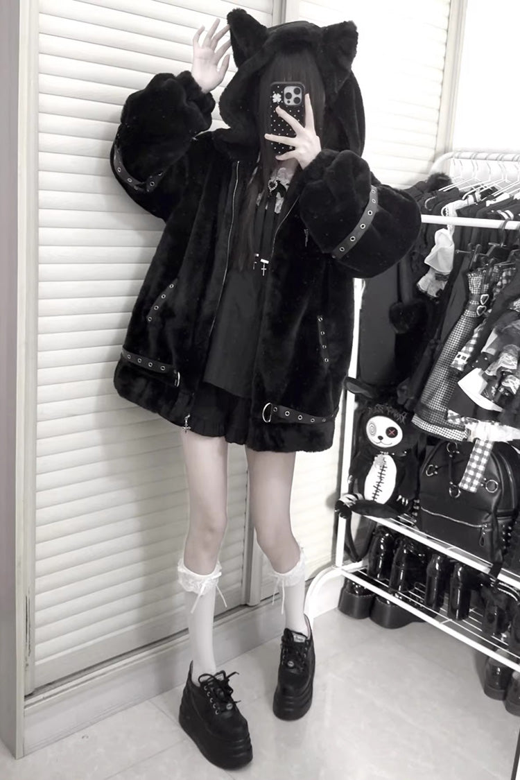 Hooded Jirai Kei Coat with Cat Ears and Zipper - Night Hunter, 2 Colors