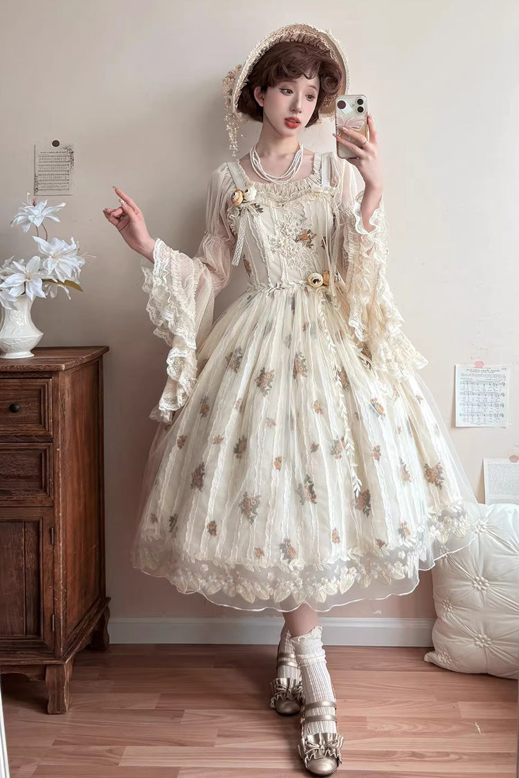 Charming Apricot Embroidered Lace Print Sweet Lolita JSK Dress
