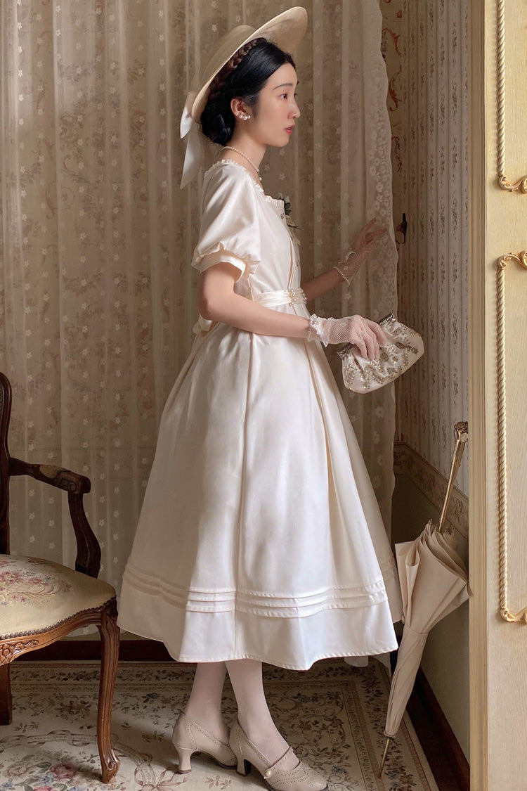 Apricot Classic Vintage Lolita Dress with Square Collar Short Sleeves and Ruffle Trim