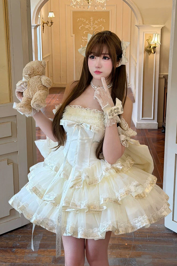 Apricot Sweet Lolita Dress with Off Shoulder Triple-Layer Ruffles and Bowknot Accents