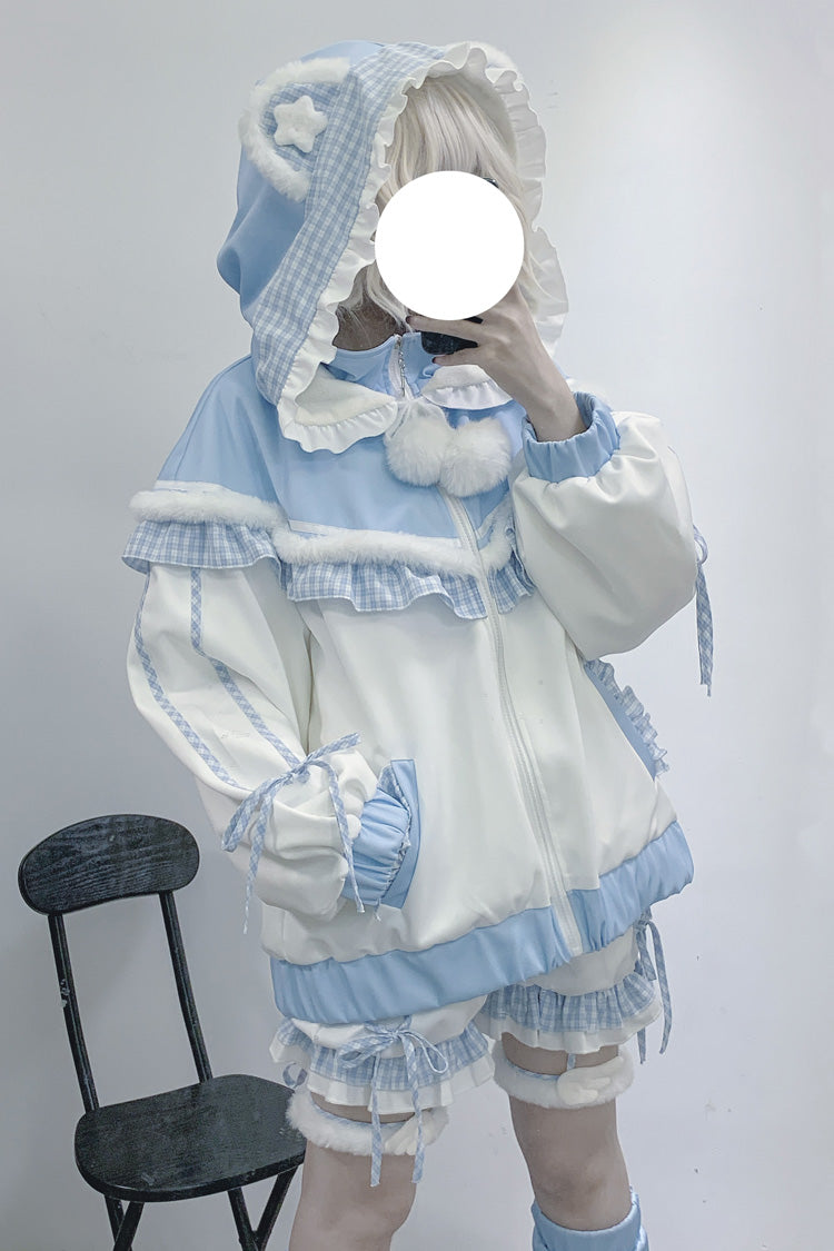 Ivory and Blue Star Bear Motif Hooded Ruffle Sports Jacket