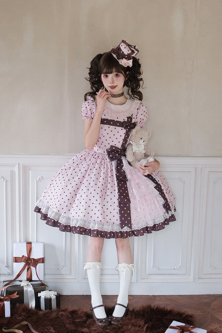 Canelé Gift Box Round Collar Short Sleeves Double-Layered Printed Polka Dot Ruffled Open-Front Bow Asymmetric Sweet Lolita Dress - Pink