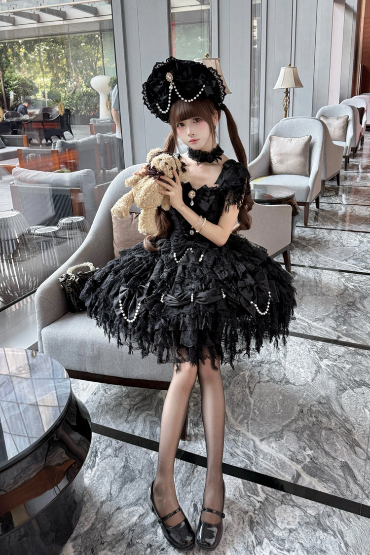 Sleeveless Bow-Adorned Pearl Gothic JSK in Black