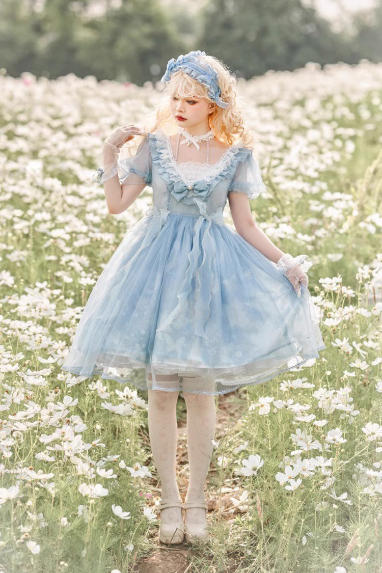 Blue Planet Butterfly Printed Ruffled Sweet Lolita Dress - High-Waisted
