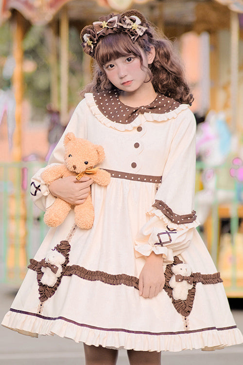 Cream OP Dress - Round Collar Lantern Sleeves Bear Sweet Lolita