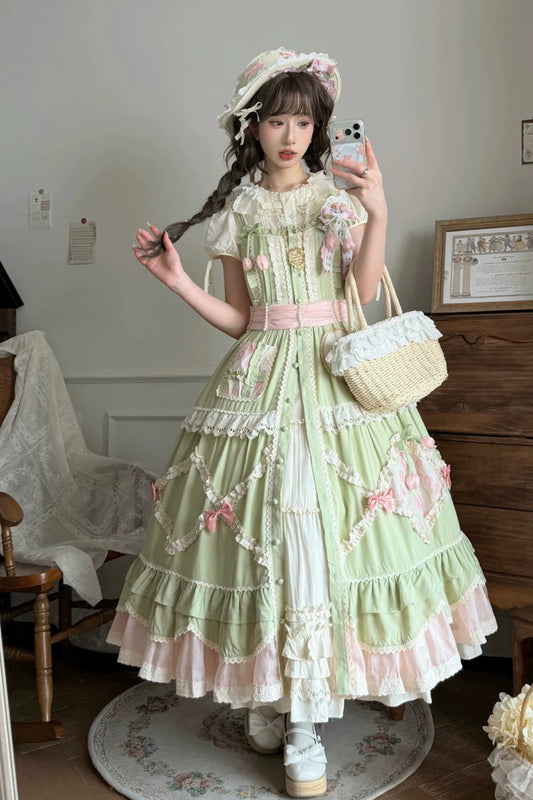 Sweet Lolita JSK Dress with Ruffled Open-Front Bow - Green