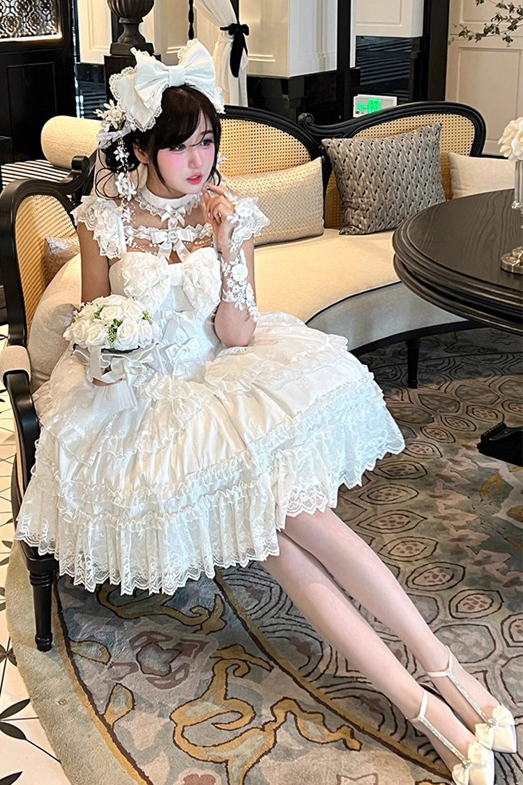 Ivory Halter Ruffle Bridal Bow Lace Gothic Dress