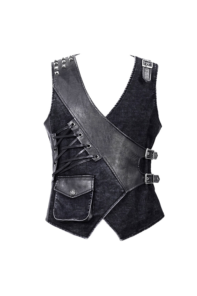 Rivet Corduroy Punk Waistcoat with Lace-Up Details
