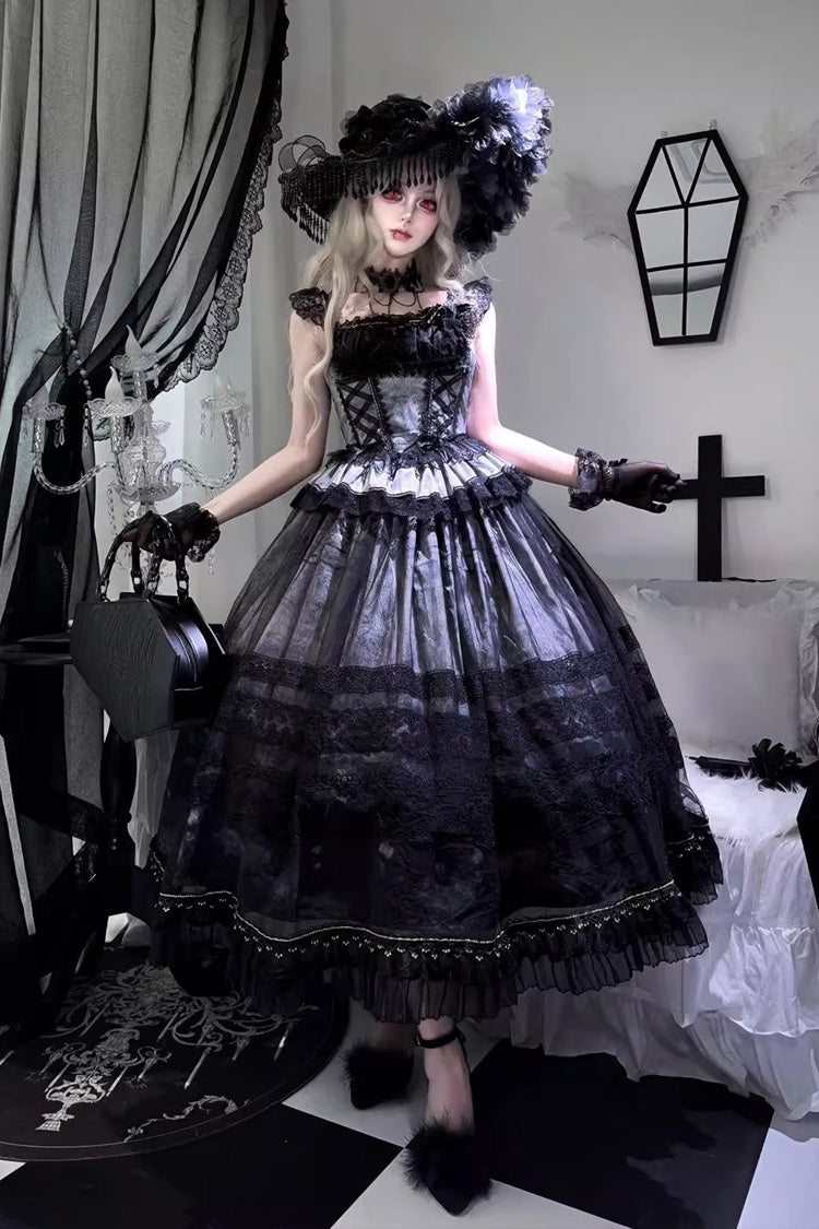 Misty Vineyard Grey Blue Sleeveless Lace-Up Ruffle Bow Sweet Lolita Jumper Dress Set