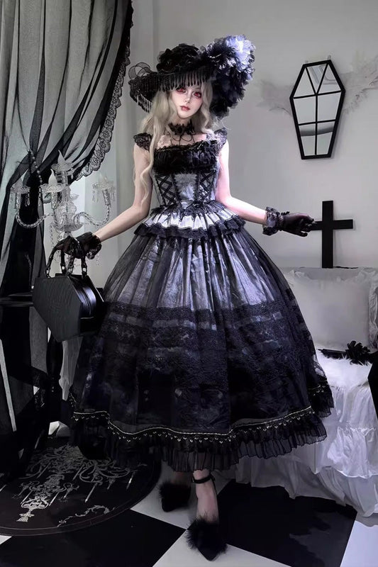 Misty Vineyard Grey Blue Sleeveless Lace-Up Ruffle Bow Sweet Lolita Jumper Dress Set