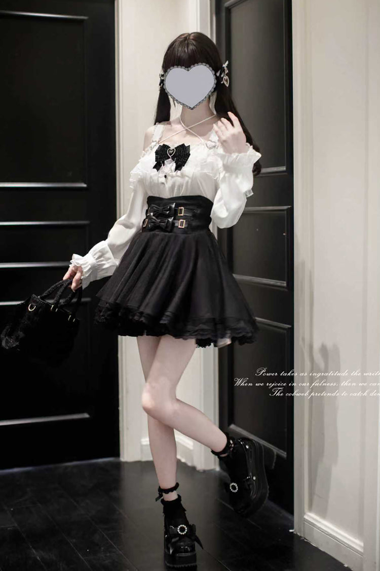 Black Solid Bow-Ornamented Jirai Skirt