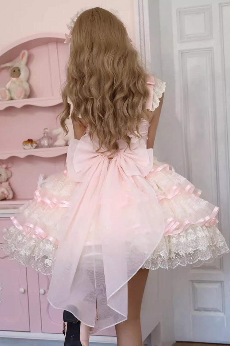 Pink Rose Feather Waltz Sleeveless Triple-Layer Ruffle Bow Lace Ballet Lolita Jumper
