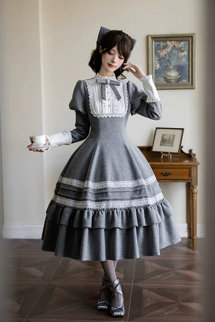 Classic Elegant Lolita Dress with Stand Collar and Ruffled Bow - Grey