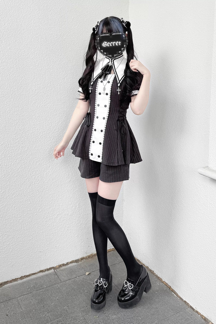 Offbeat Confession Printed Ruffled Bow Gothic Jirai Kei Dress Shorts Set