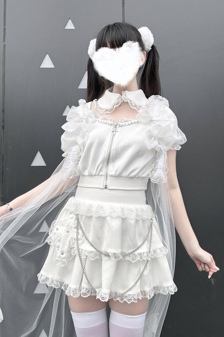 Gothic Layered Lace Zip Chain Skirt Set with Short Sleeves - Song of Atonement